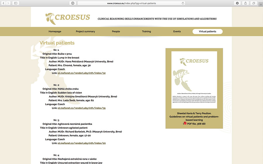 CROESUS – Clinical ReasOning skills Enhancements with the use of SimUlations and algorithmS