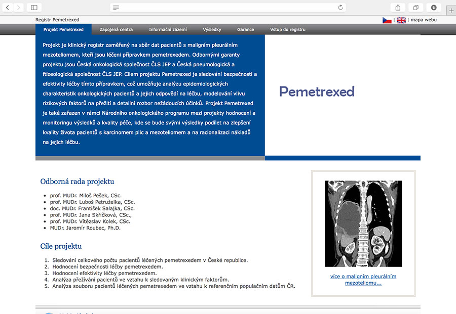 PEMETREXED: klinický registr pacientů s nemalobuněčným karcinomem plic nebo pleurálním mezoteliomem